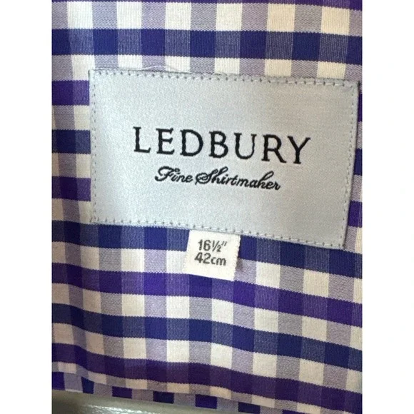 Ledbury Mens Purple White Gingham Check Long Sleeve Dress Shirt 16.5 42cm - Picture 3 of 4
